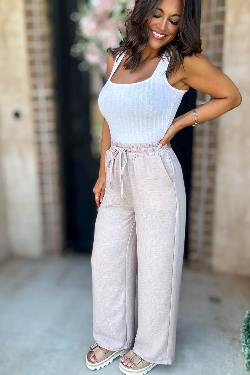 To  Busy To Lounge Ash Mocha Woven Crepe Elastic Band Pants