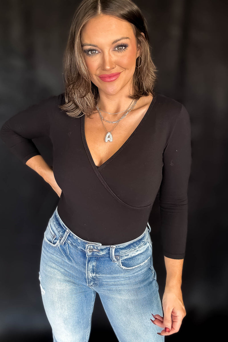 Surplice Black Cotton 3/4 Sleeve Bodysuit