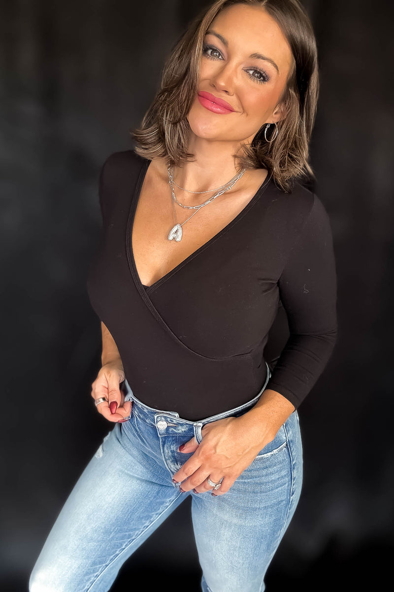 Surplice Black Cotton 3/4 Sleeve Bodysuit