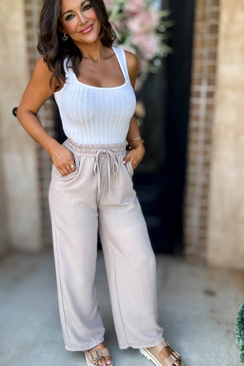 To  Busy To Lounge Ash Mocha Woven Crepe Elastic Band Pants