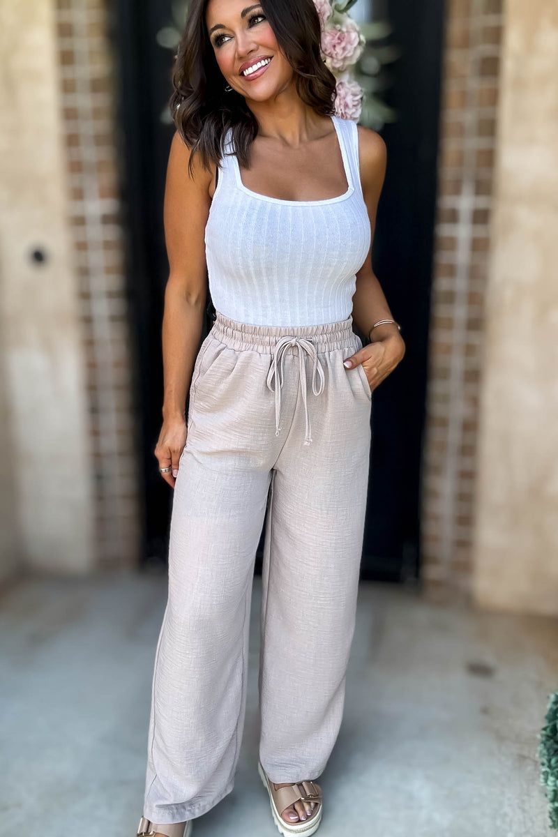 To  Busy To Lounge Ash Mocha Woven Crepe Elastic Band Pants