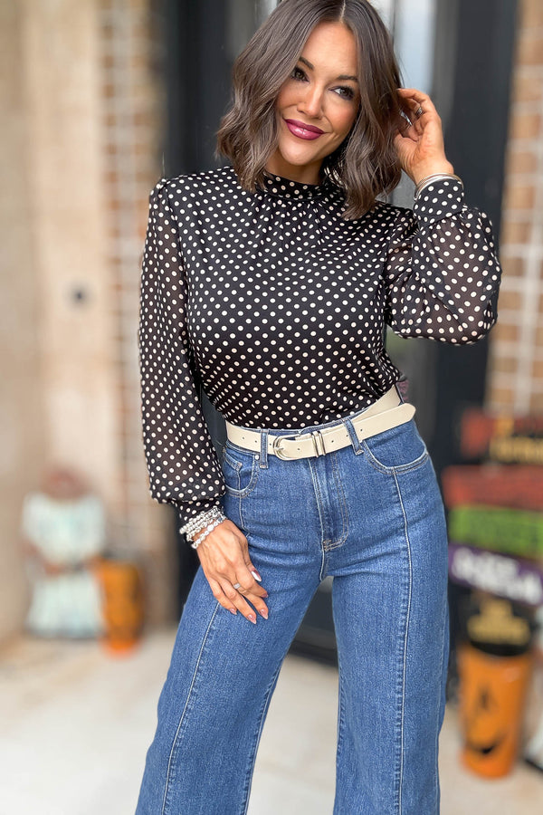 Dot Print Mix Media Cuff Mockneck Top
