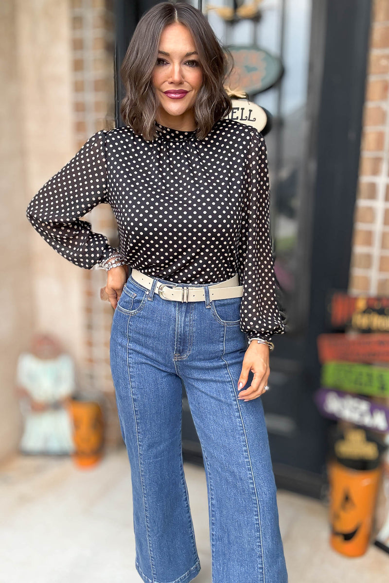 Dot Print Mix Media Cuff Mockneck Top