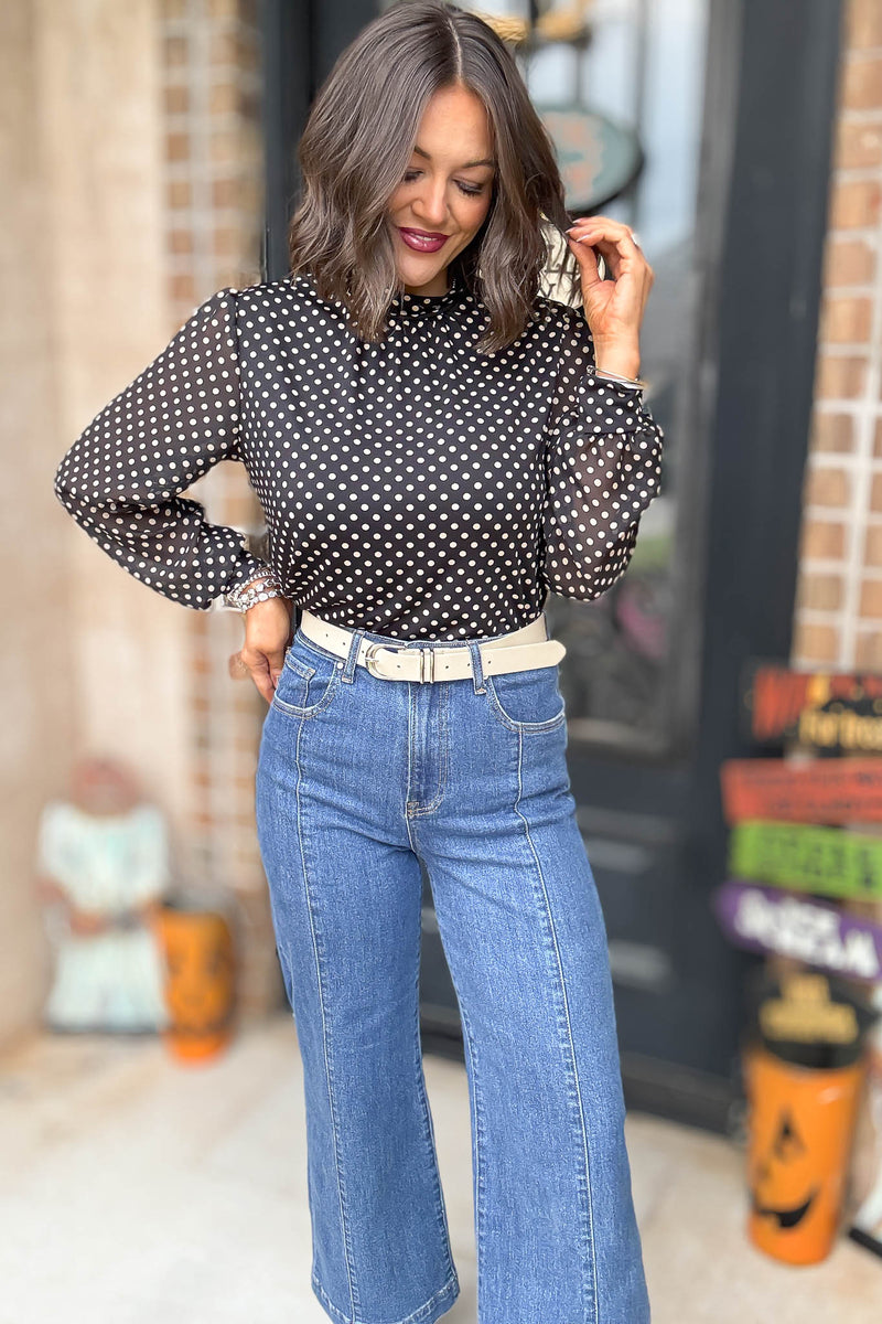 Dot Print Mix Media Cuff Mockneck Top