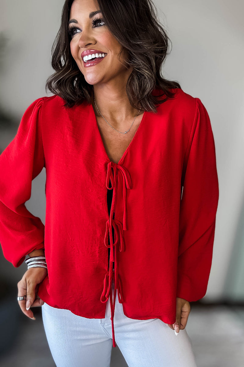 Red Solid Tie Front Blouse