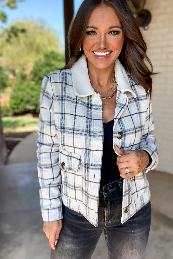 Keep It Comfy Navy And Ivory Sherpa Collar Plaid Shacket