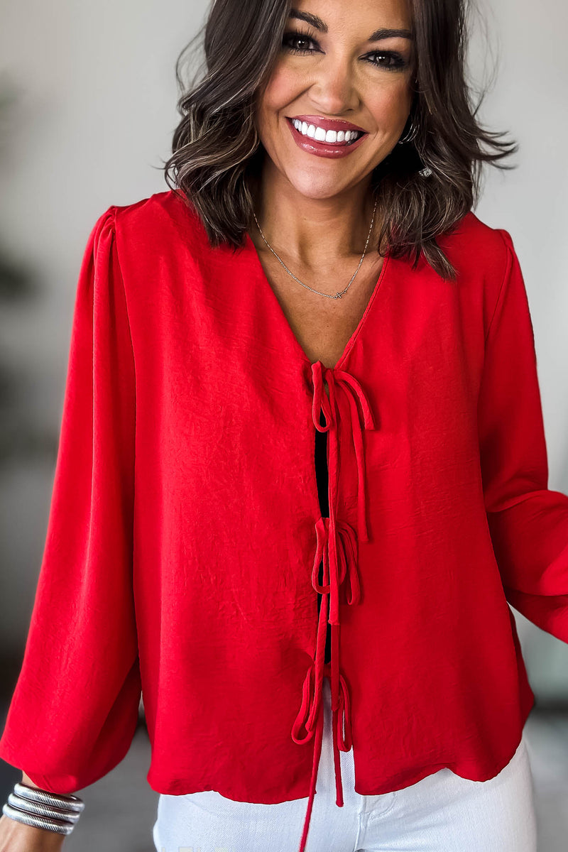 Red Solid Tie Front Blouse