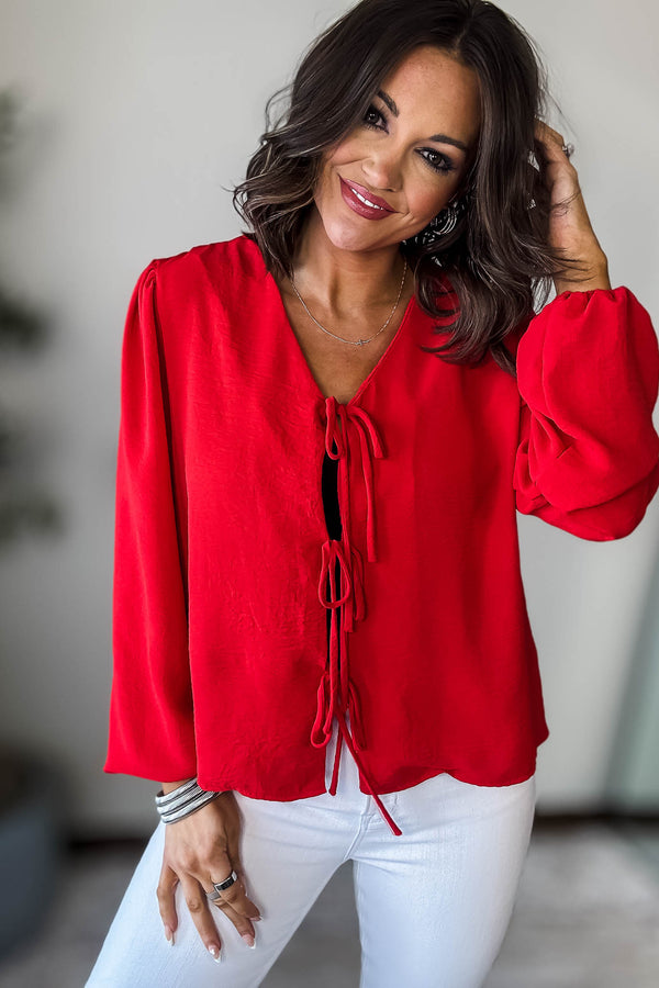 Red Solid Tie Front Blouse