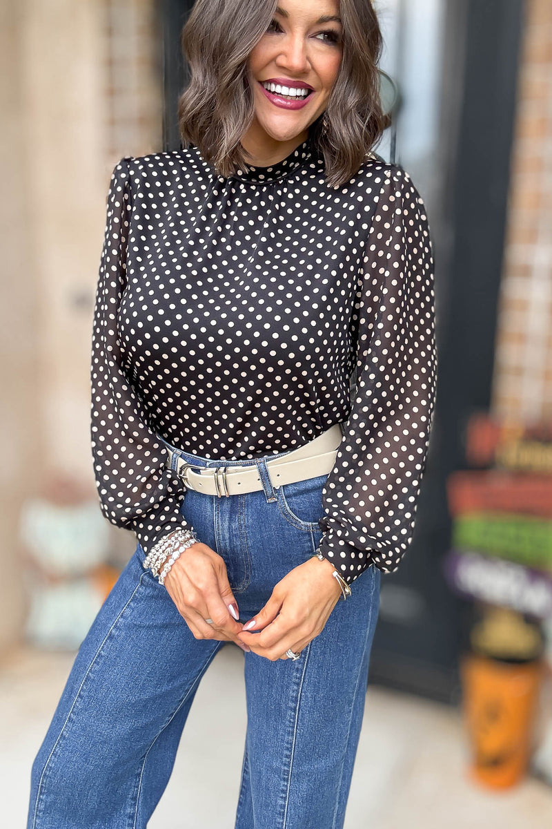 Dot Print Mix Media Cuff Mockneck Top
