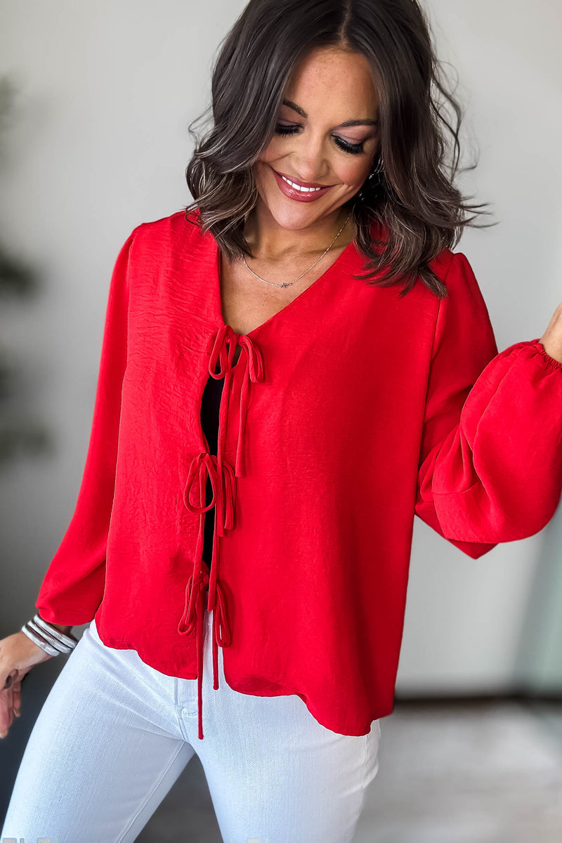 Red Solid Tie Front Blouse