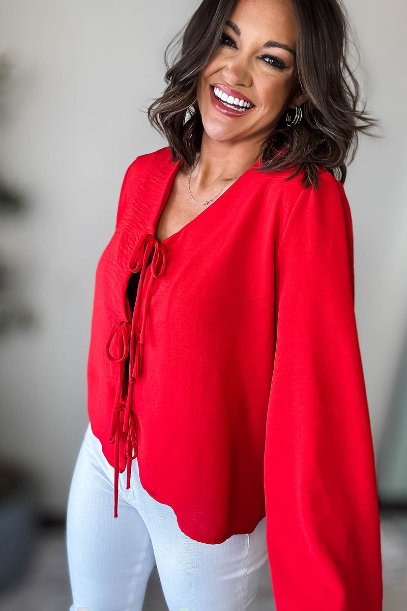 Red Solid Tie Front Blouse