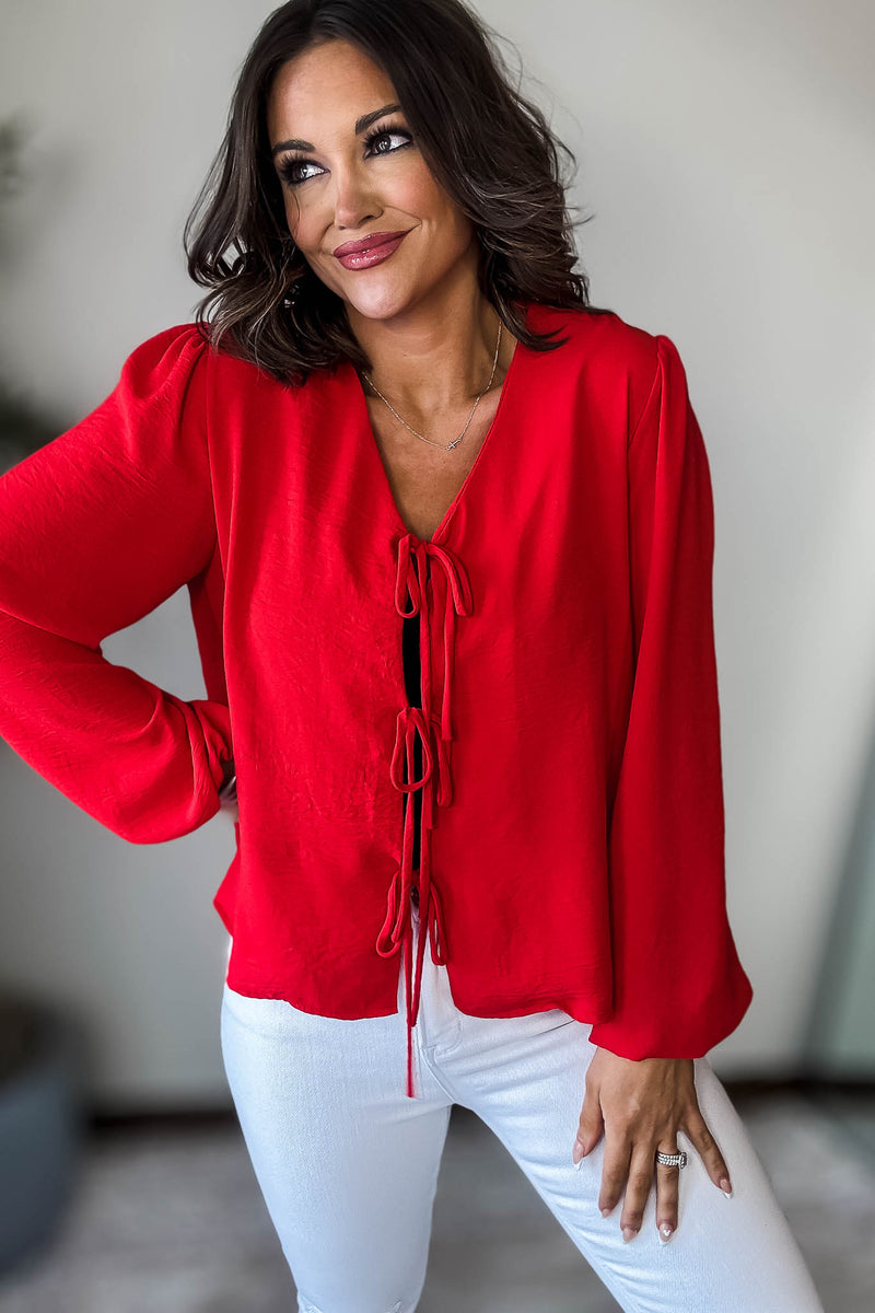 Red Solid Tie Front Blouse