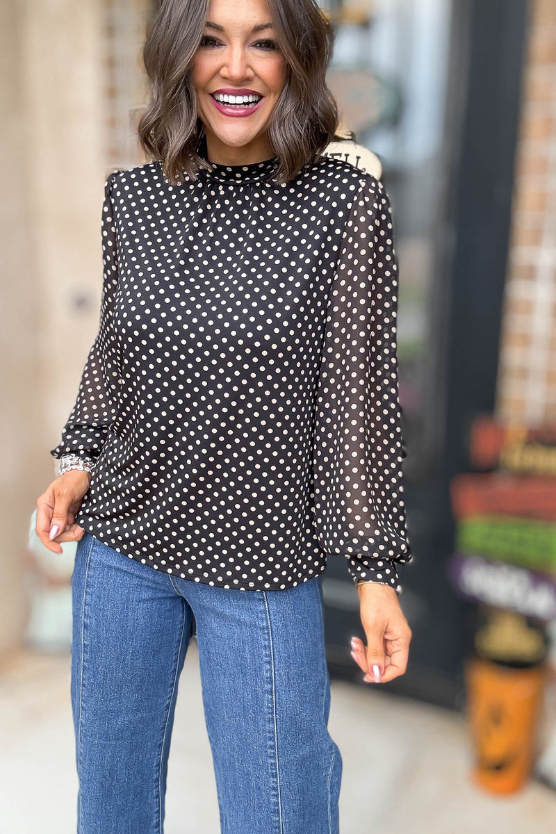 Dot Print Mix Media Cuff Mockneck Top