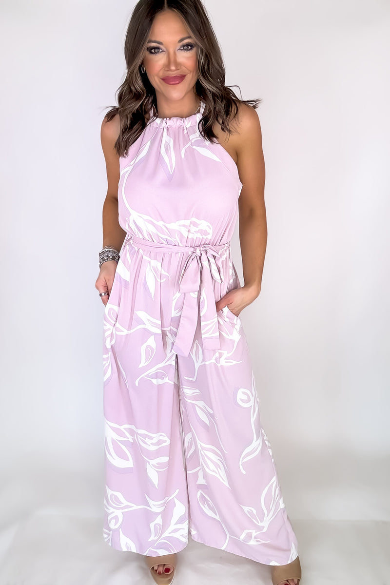 Blush Leafy Print Halter Neck Jumpsuit