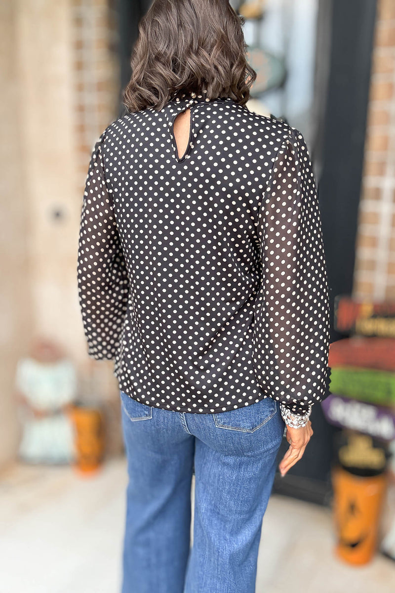 Dot Print Mix Media Cuff Mockneck Top