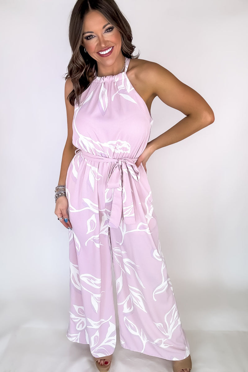 Blush Leafy Print Halter Neck Jumpsuit