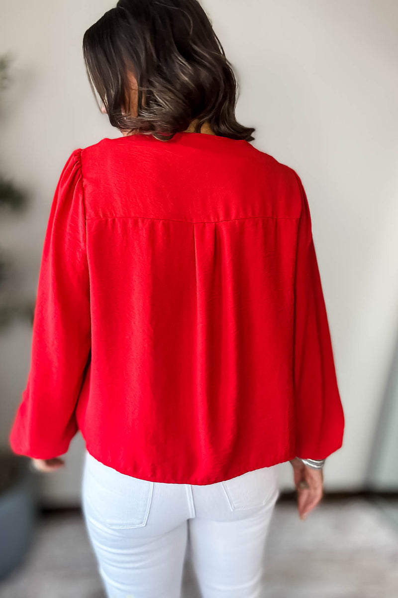 Red Solid Tie Front Blouse