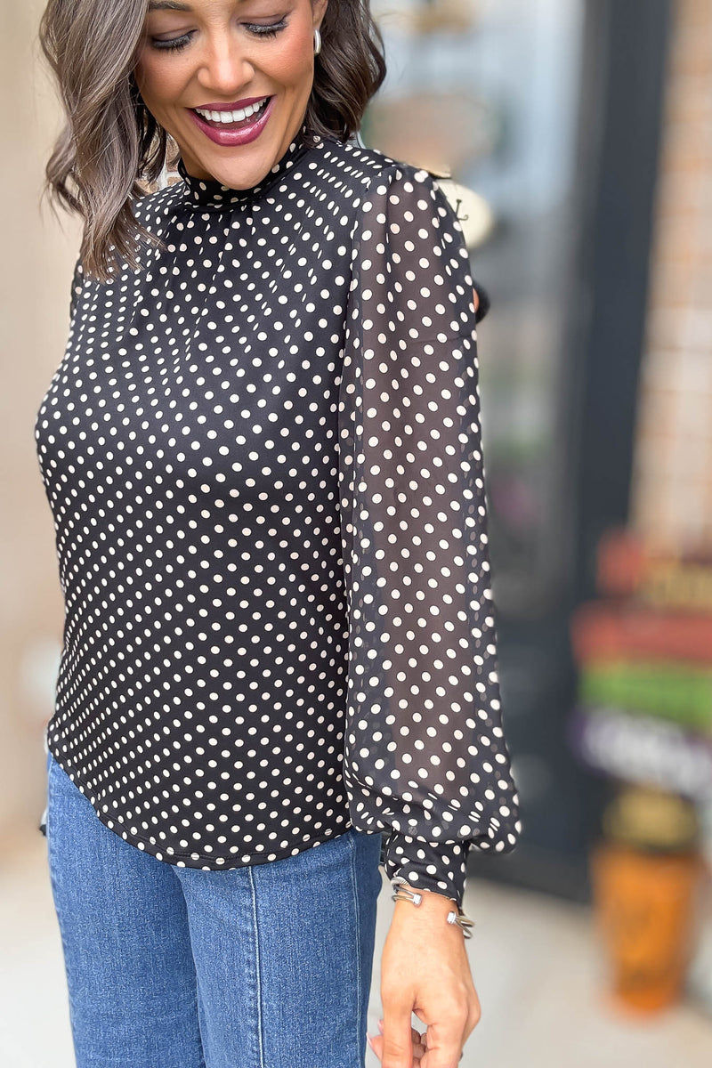Dot Print Mix Media Cuff Mockneck Top