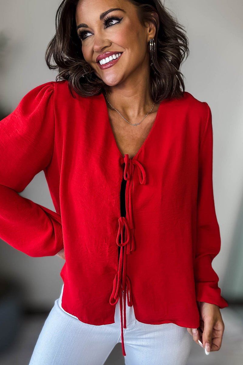 Red Solid Tie Front Blouse