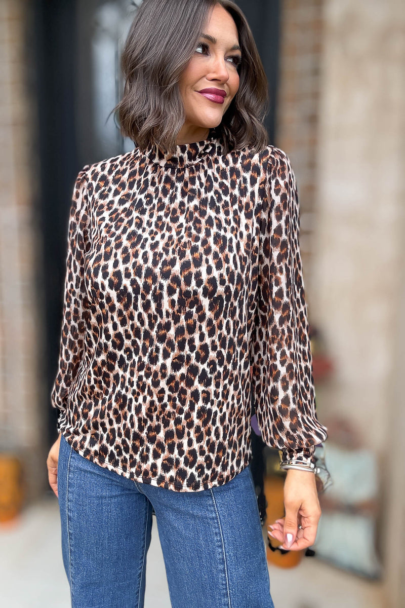 Animal Print Mix Media Cuff Mockneck Top