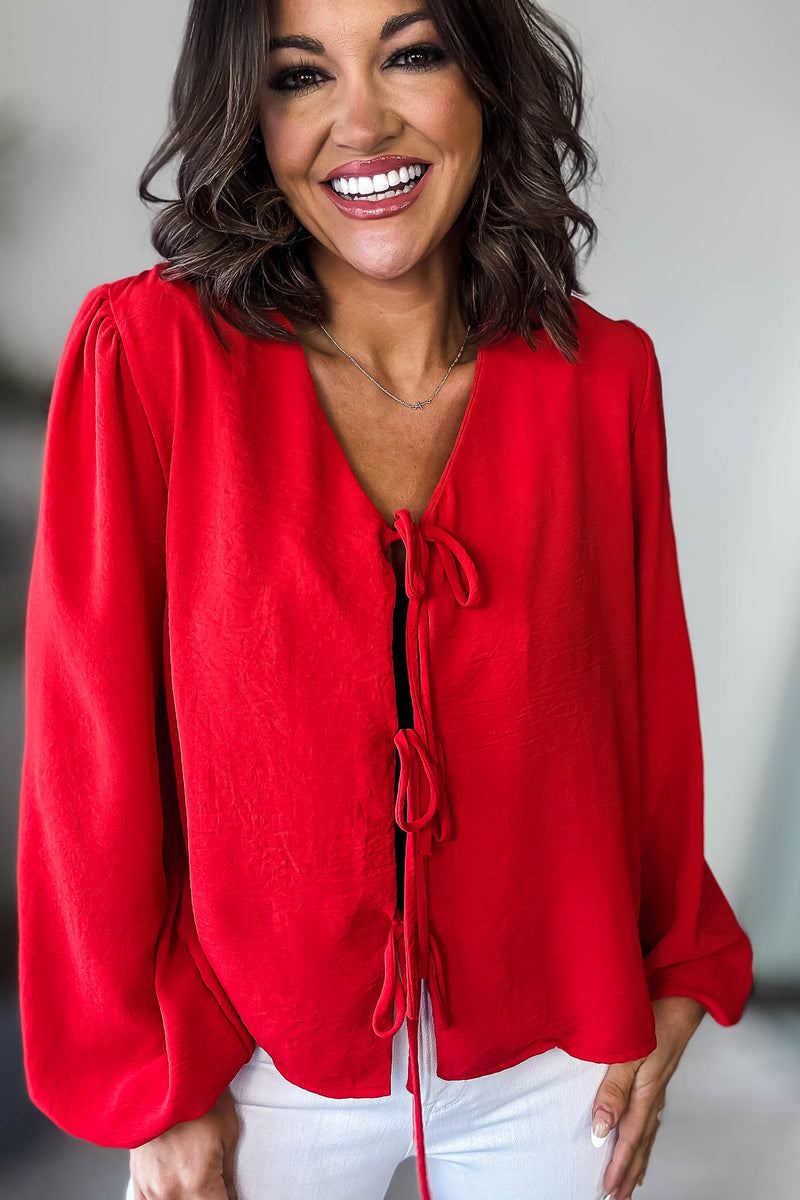 Red Solid Tie Front Blouse
