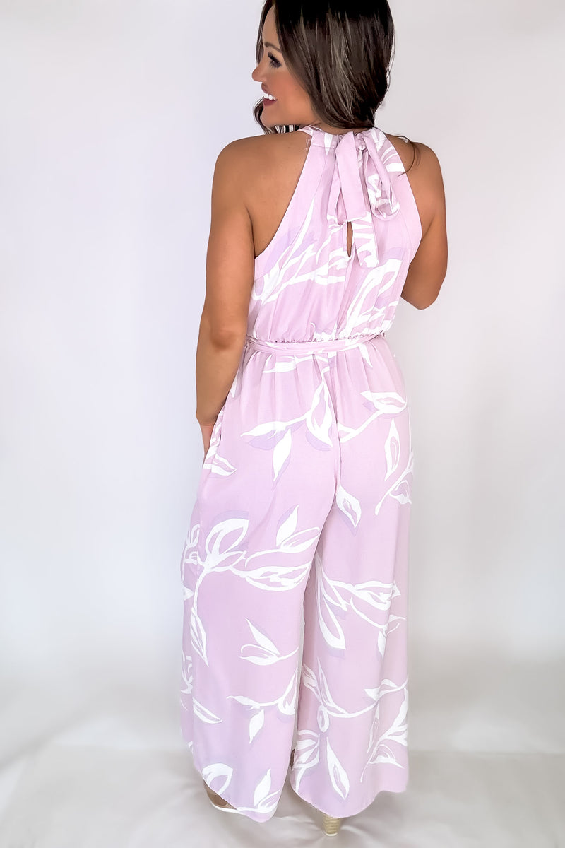 Blush Leafy Print Halter Neck Jumpsuit