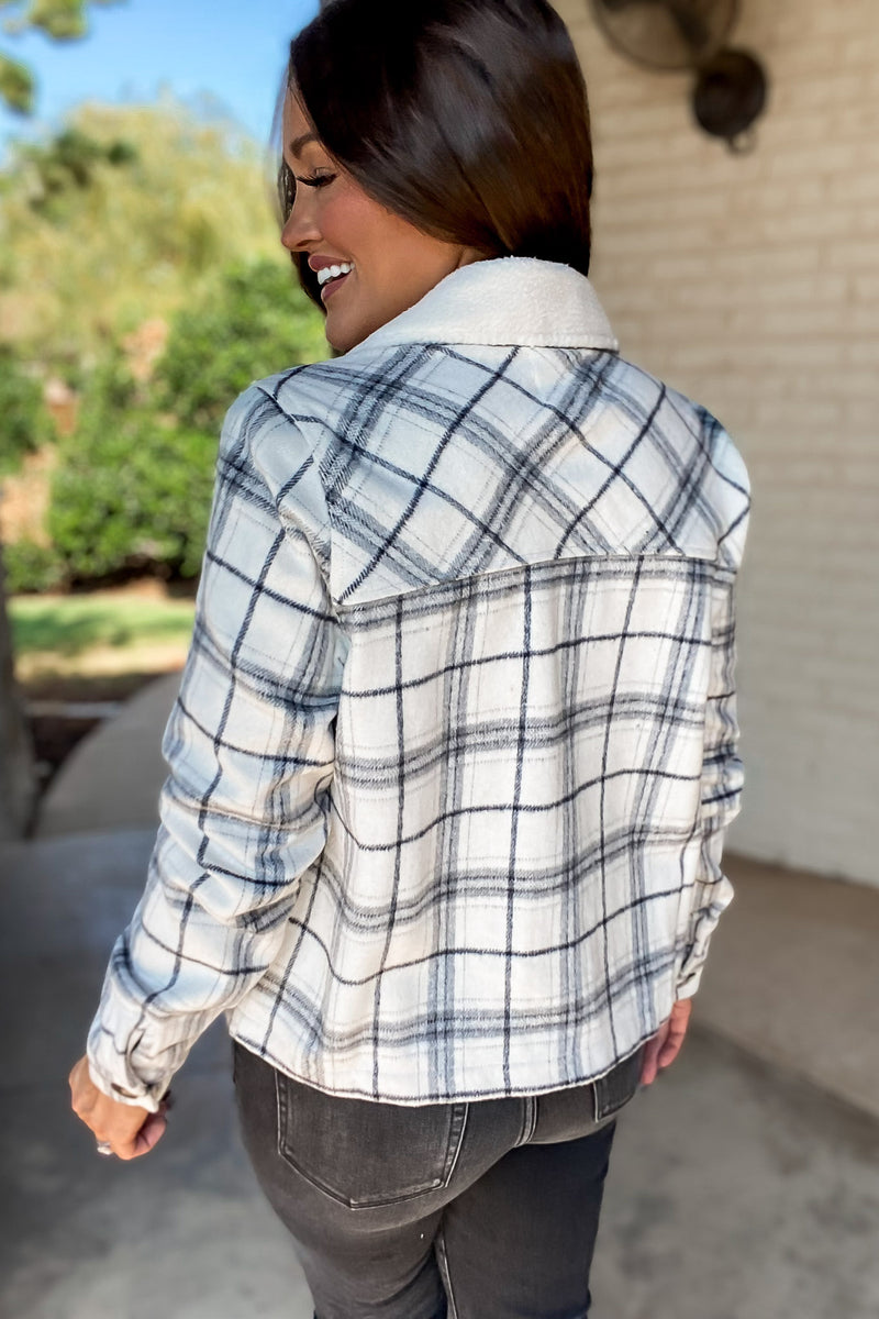 Keep It Comfy Navy And Ivory Sherpa Collar Plaid Shacket