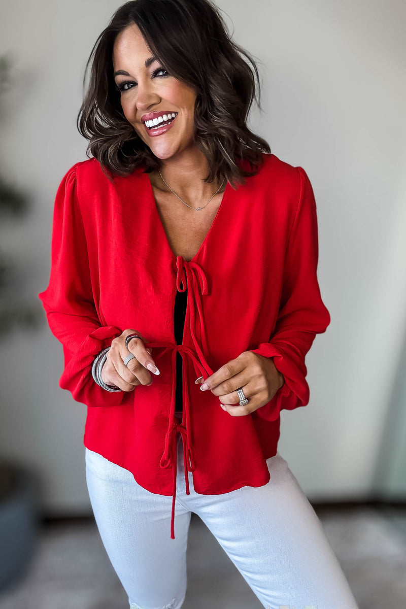 Red Solid Tie Front Blouse