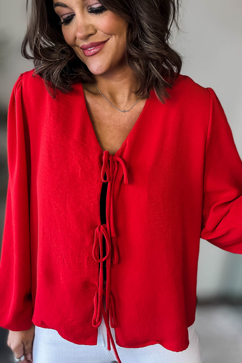 Red Solid Tie Front Blouse