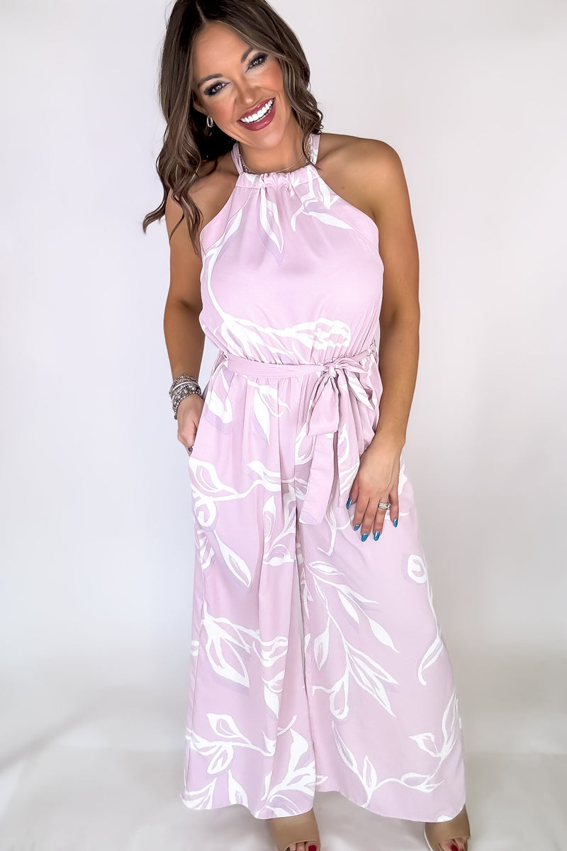 Blush Leafy Print Halter Neck Jumpsuit