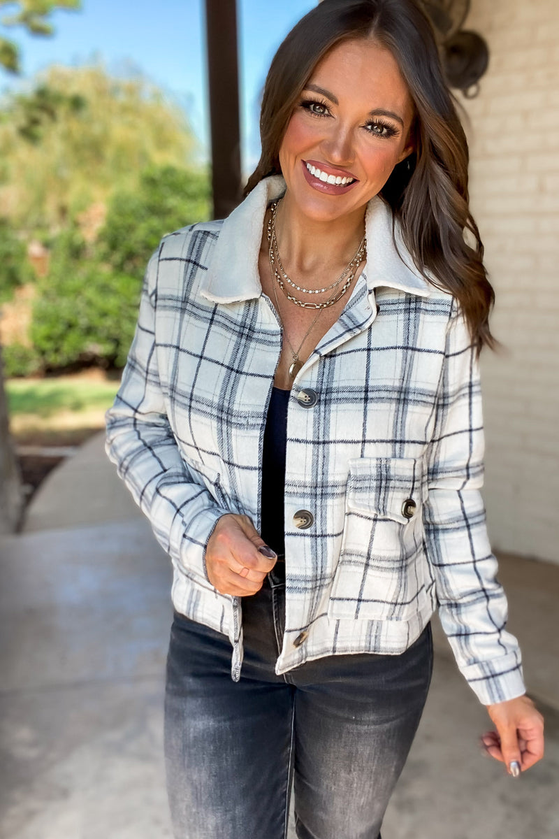 Keep It Comfy Navy And Ivory Sherpa Collar Plaid Shacket