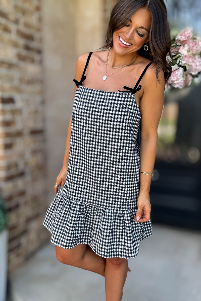 Mustard Seed Ribbon Strap Ruffle Hem Plaid Dress