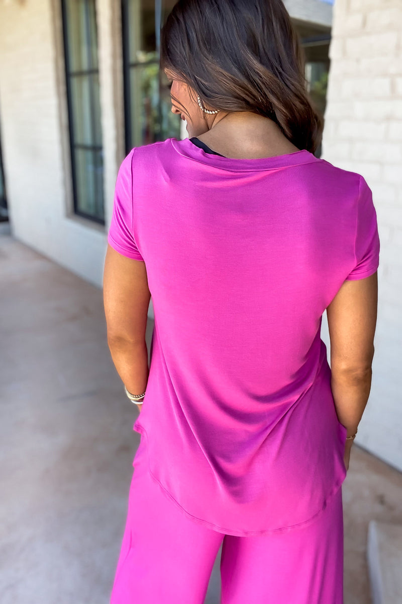 Longline Pink Deep V-Neck Pocket Shirt