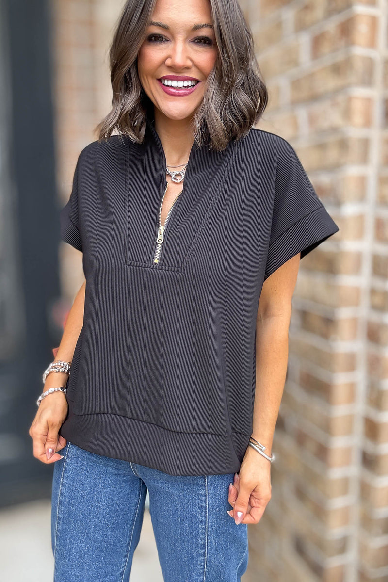 All Time Favorite Black Ribbed High Neck Half Zip Top