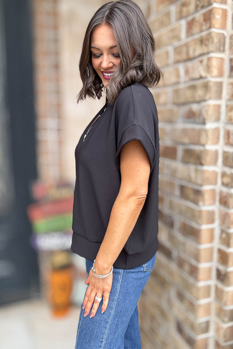 All Time Favorite Black Ribbed High Neck Half Zip Top