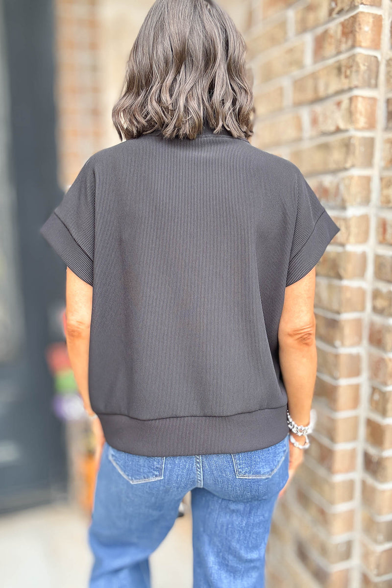 All Time Favorite Black Ribbed High Neck Half Zip Top