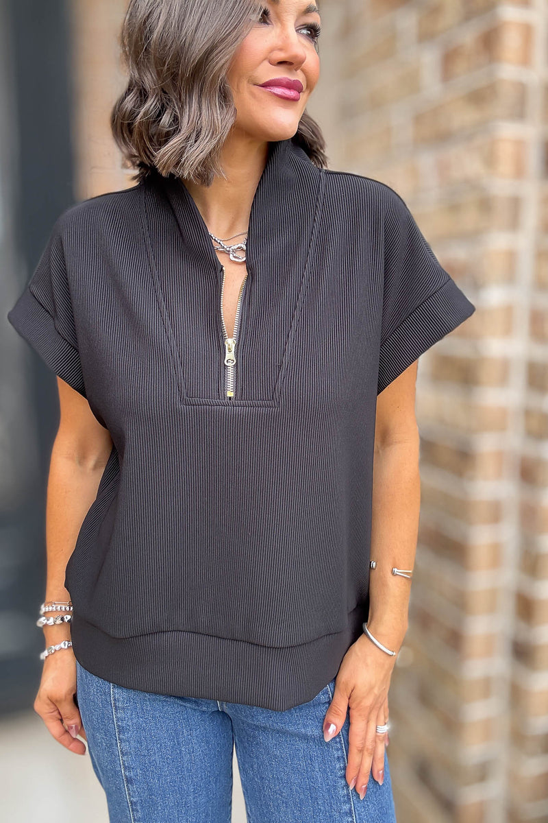 All Time Favorite Black Ribbed High Neck Half Zip Top