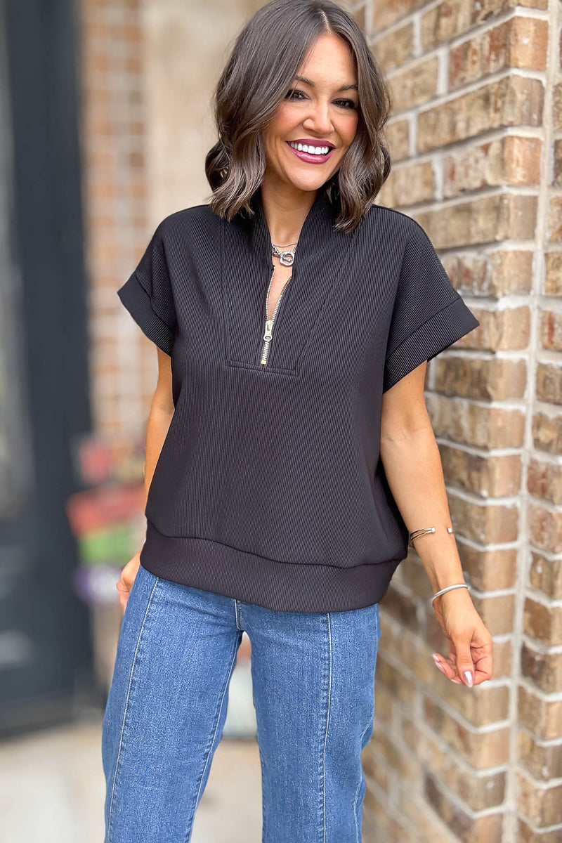 All Time Favorite Black Ribbed High Neck Half Zip Top