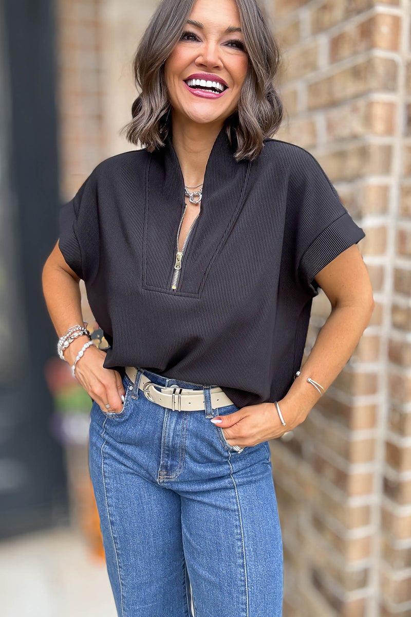 All Time Favorite Black Ribbed High Neck Half Zip Top