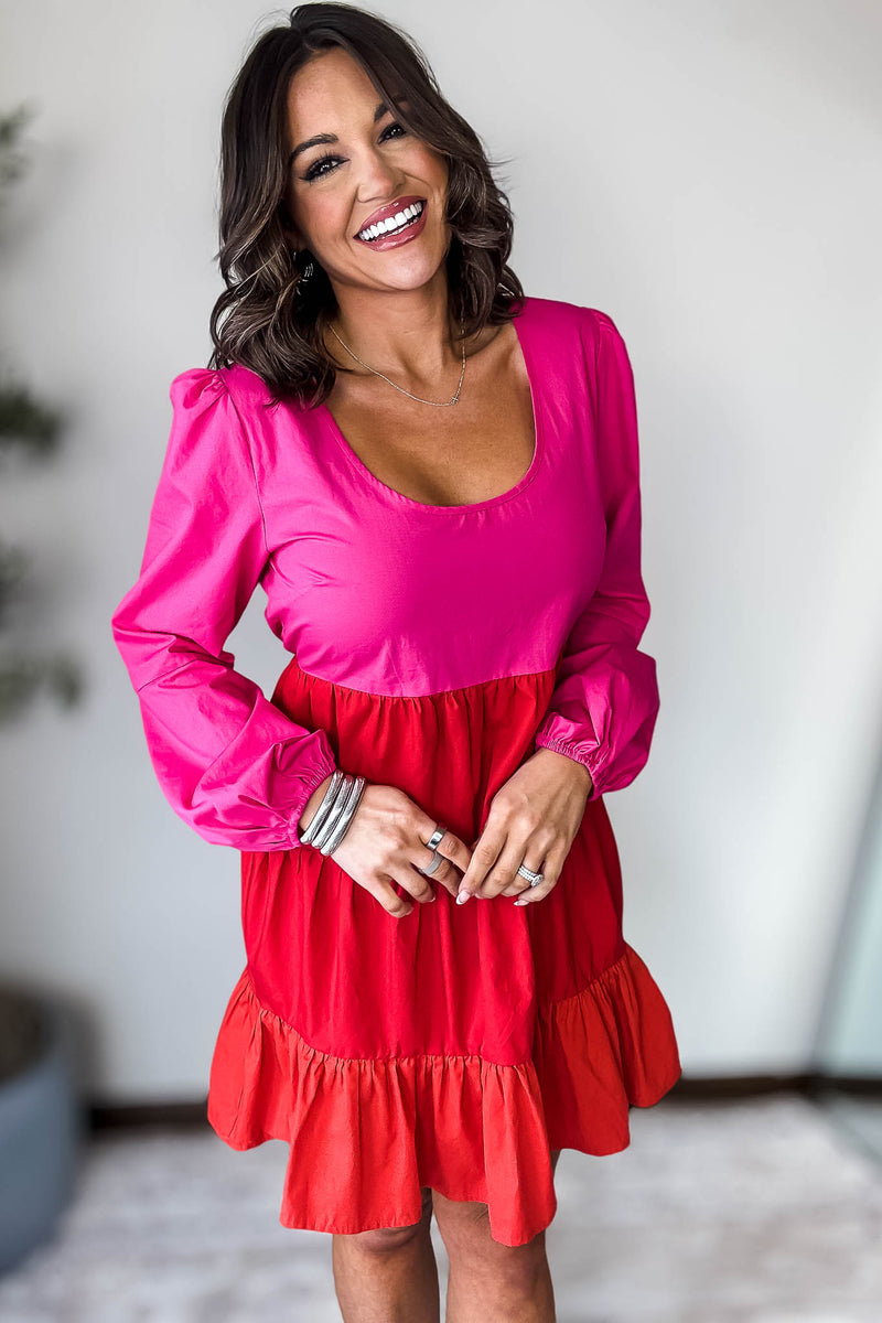 COLOR BLOCK BUBBLE SLEEVE TIERED LAYERED DRESS