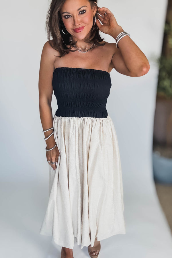Black And Linen Strapless Smocked Bodice Balloon Skirt Midi Tube Dress