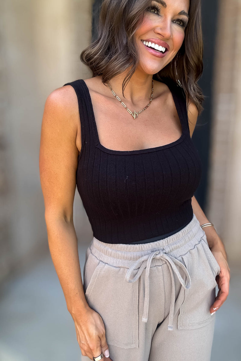 Ribbed Square Neck Black Cropped Sleeveless Top