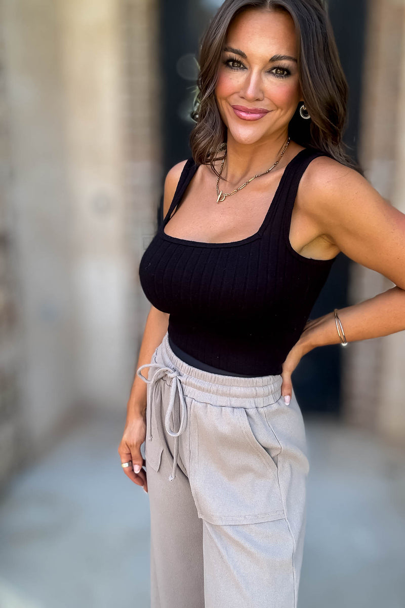 Ribbed Square Neck Black Cropped Sleeveless Top