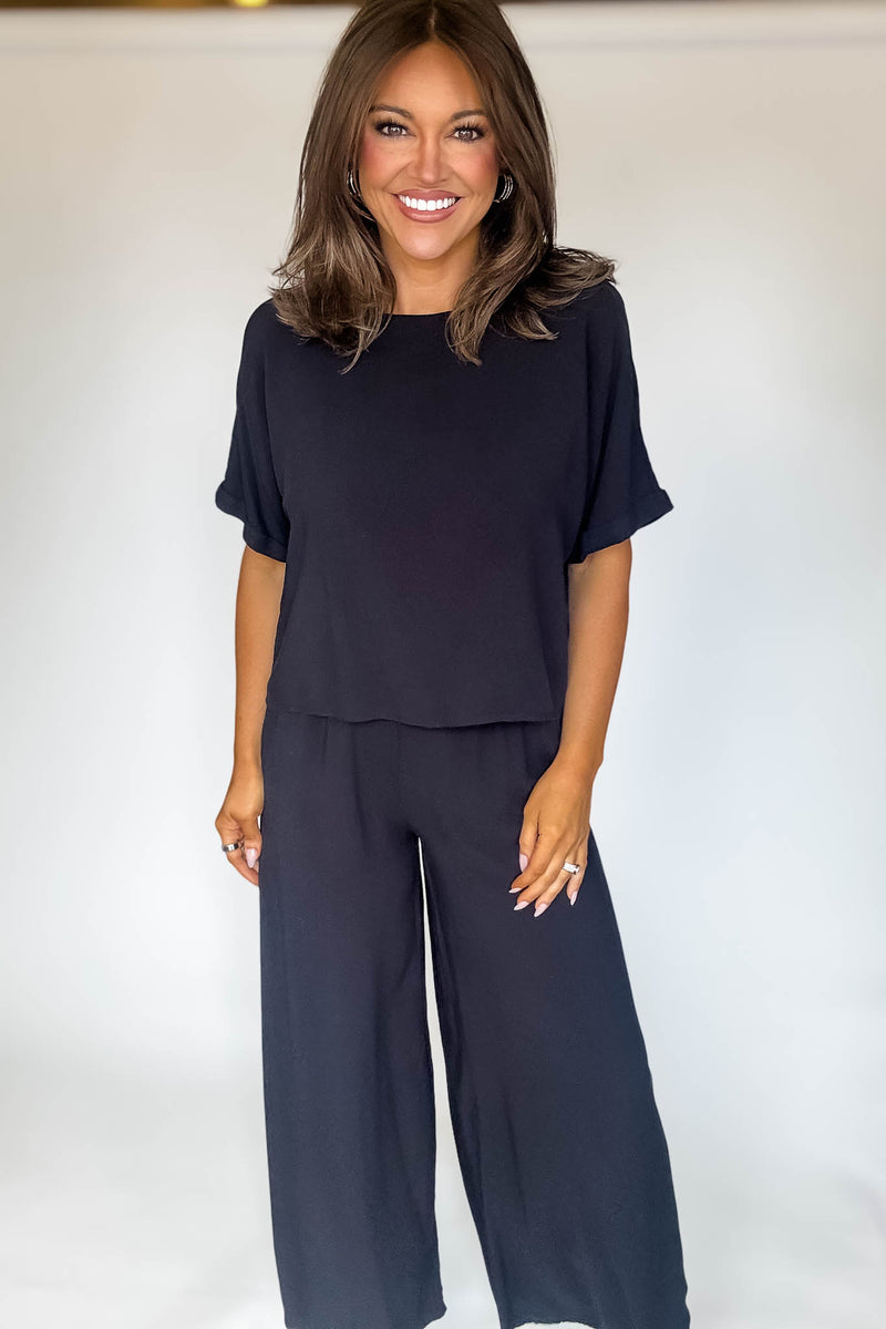 Blissfully Chill Days Black Woven Short Sleeve Top