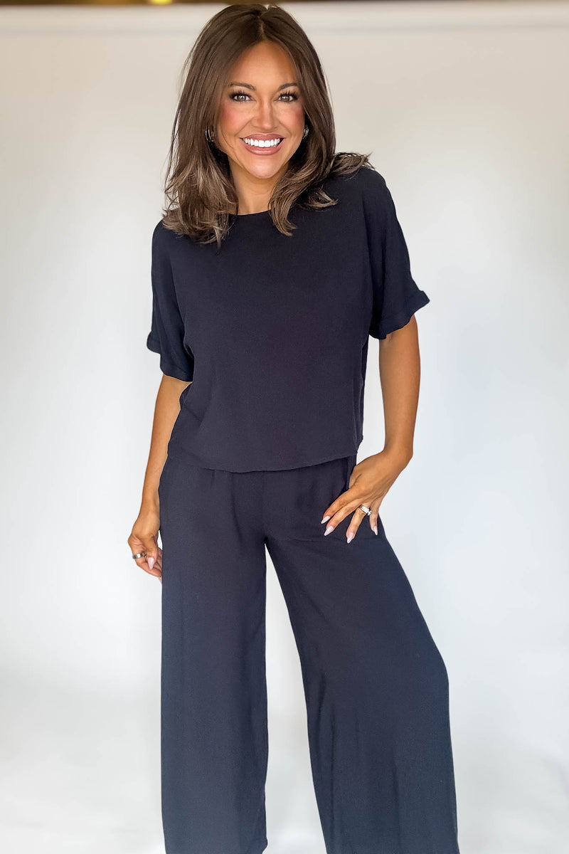 Blissfully Chill Days Black Woven Short Sleeve Top