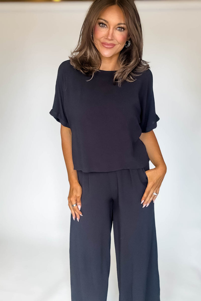 Blissfully Chill Days Black Woven Short Sleeve Top