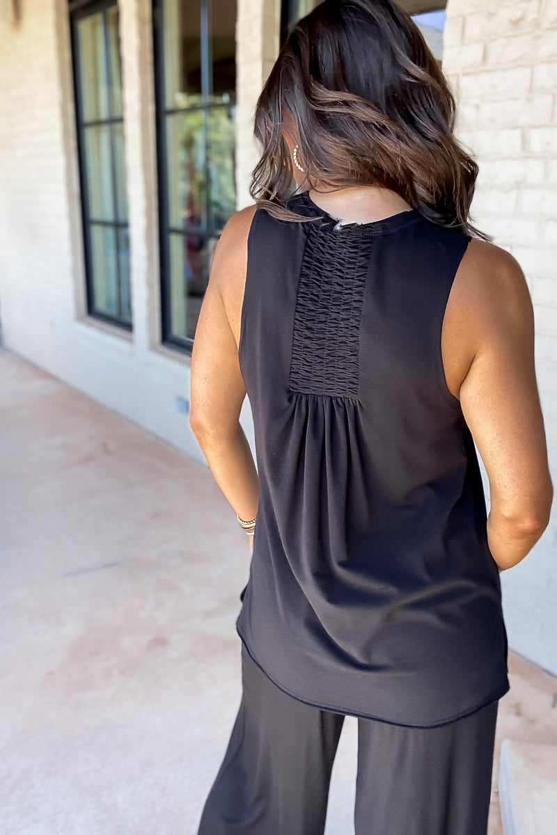 Shirred and Gathered Black Back Flow Tank Top