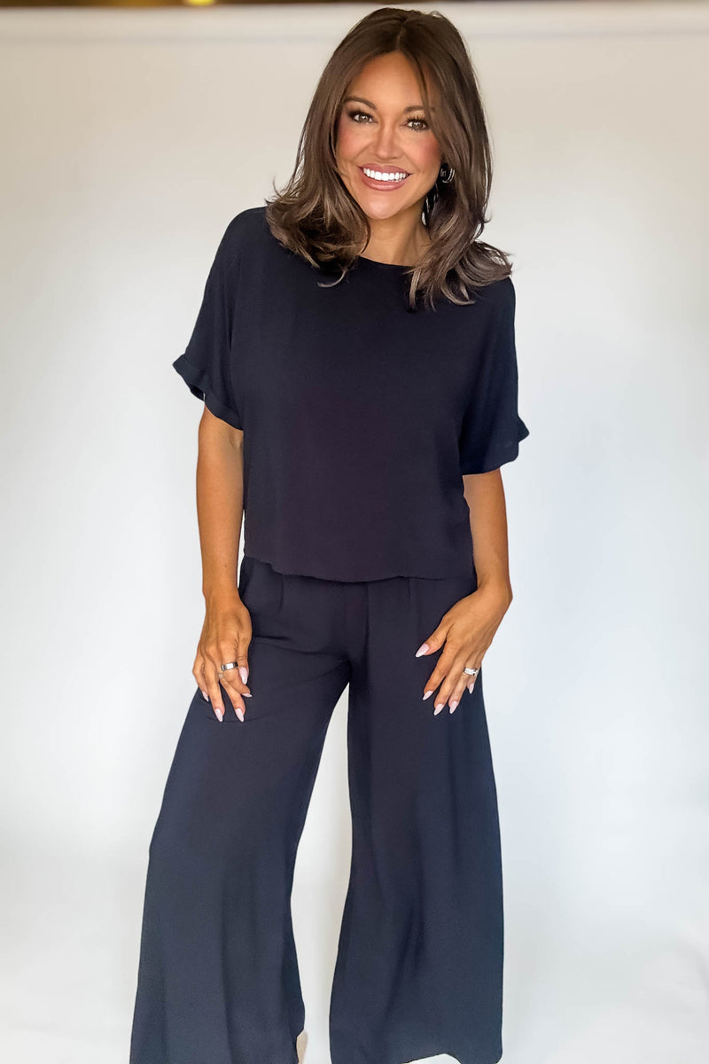 Blissfully Chill Days Black Woven Short Sleeve Top