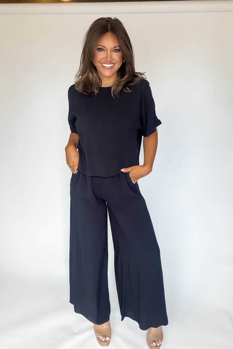 Blissfully Chill Days Black Woven Short Sleeve Top