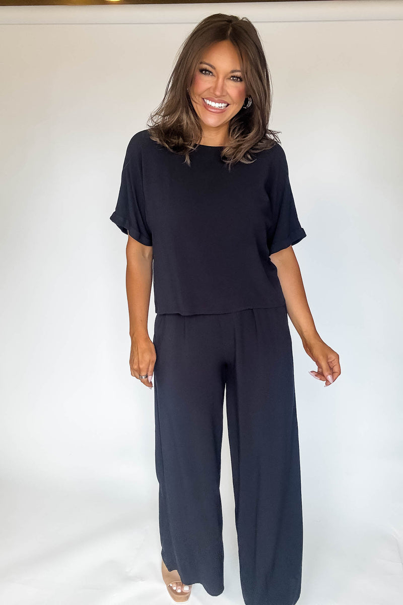 Blissfully Chill Days Black Woven Short Sleeve Top